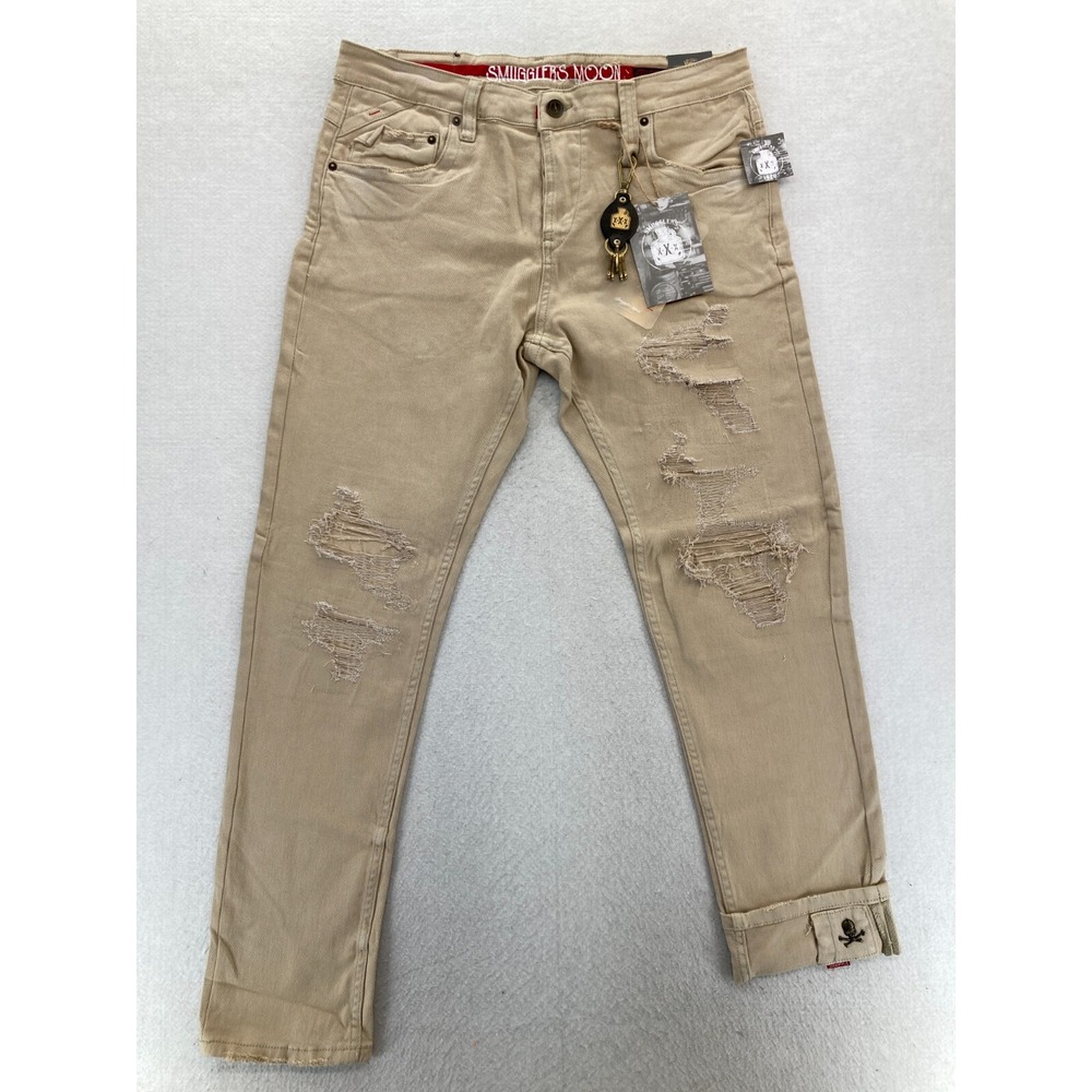 Smugglers Moon Jeans Mens 36x32 Khaki Beige Denim Button Fly Roll Up Distressed